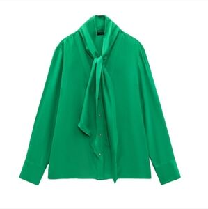 NWT  Zara Spring 2022 Kelly Green Tie Neck Bow Blouse - S